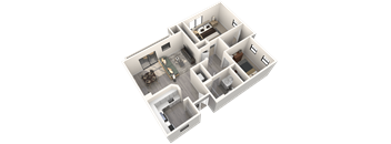 A 3D rendered image of a house layout.