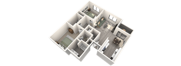 A 3D image of a house layout with multiple rooms.