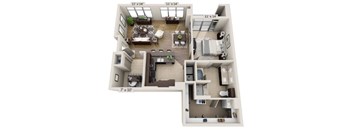 A 3D floor plan of a two-bedroom apartment.