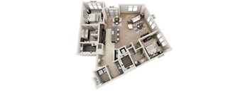 A 3D floor plan of a two-bedroom apartment with a living room, kitchen, and bathroom.