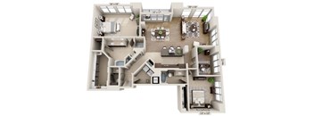 A floor plan of a house with a living room, kitchen, and two bedrooms.