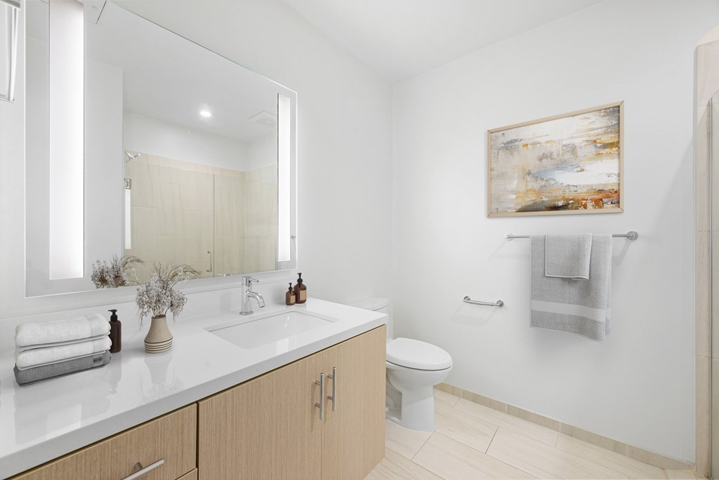 A bathroom with a toilet, sink, and mirror.