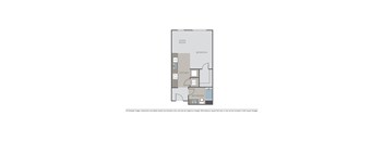 A floor plan of a small apartment with a living room, bedroom, kitchen, and bathroom.