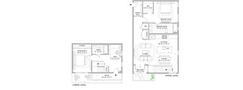 A floor plan of a two-story house with a master suite on the upper level and a closet and bathroom on the lower level.