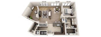 A 3D floor plan of a house showing a kitchen, living room, dining room, and two bedrooms.