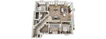 A 3D floor plan of a two-bedroom apartment with a living room, kitchen, and bathroom.