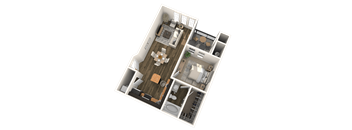 A 3D floor plan of a house with a living room, kitchen, and two bedrooms.