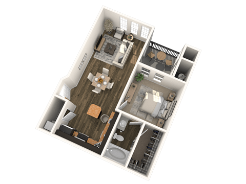 A 3D floor plan of a house with a living room, kitchen, and two bedrooms.