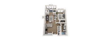 A 3D rendered image of a house layout.