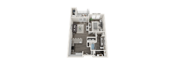 A 3D floor plan of a house with a living room, kitchen, dining room, and bathrooms.