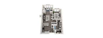 A 3D floor plan of a house with a living room, kitchen, dining room, and bedrooms.