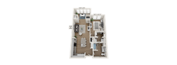 A 3D floor plan of a house with a living room, kitchen, dining room, and two bedrooms.