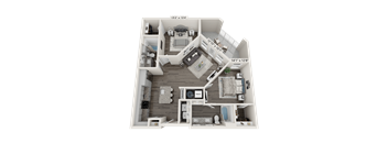 A 3D floor plan of a house with a living room, kitchen, and two bedrooms.
