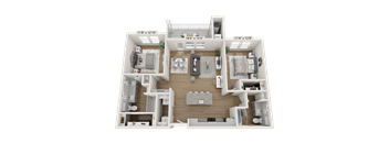 A 3D floor plan of a two-bedroom apartment with dimensions and room labels.