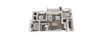 A 3D floor plan of a house with labeled rooms and dimensions.