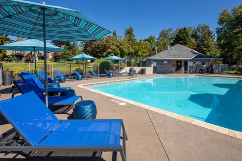 our resort style swimming pool with blue chairs and umbrellas