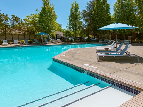 A swimming pool with a blue umbrella and lounge chairs.