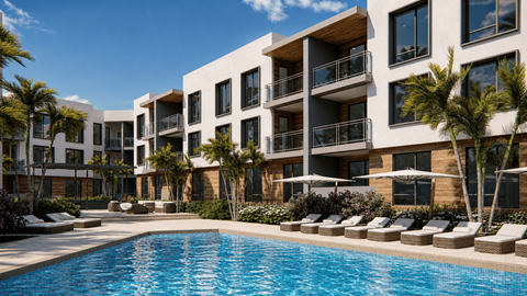 A modern apartment complex with a swimming pool in the foreground.