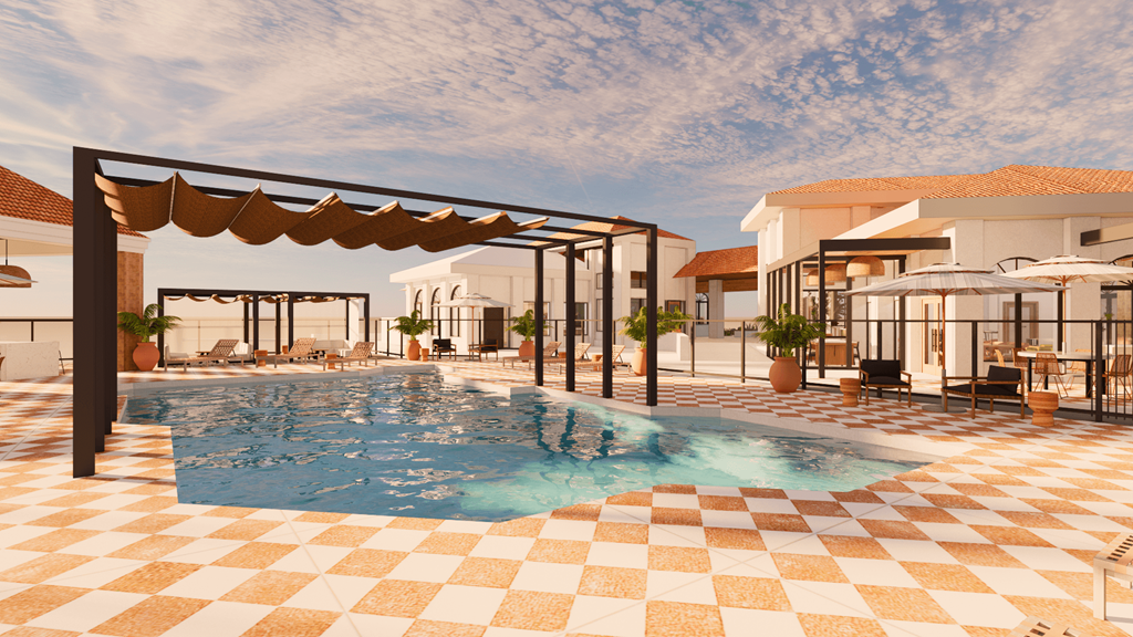 a swimming pool at a resort with a blue sky in the background
