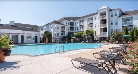 Pool with seating and umbrellas