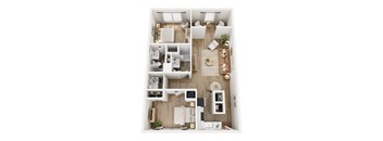 A top-down view of a small, neatly organized apartment with a kitchen, living room, and bathroom.