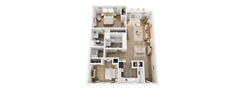 A top-down view of a small, neatly organized apartment with a kitchen, living room, and bathroom.