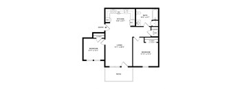 A floor plan of a home with a living room, two bedrooms, a kitchen, a bathroom, a laundry room, and a patio.