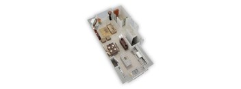 A top down view of a living room with a couch, coffee table, and a television.