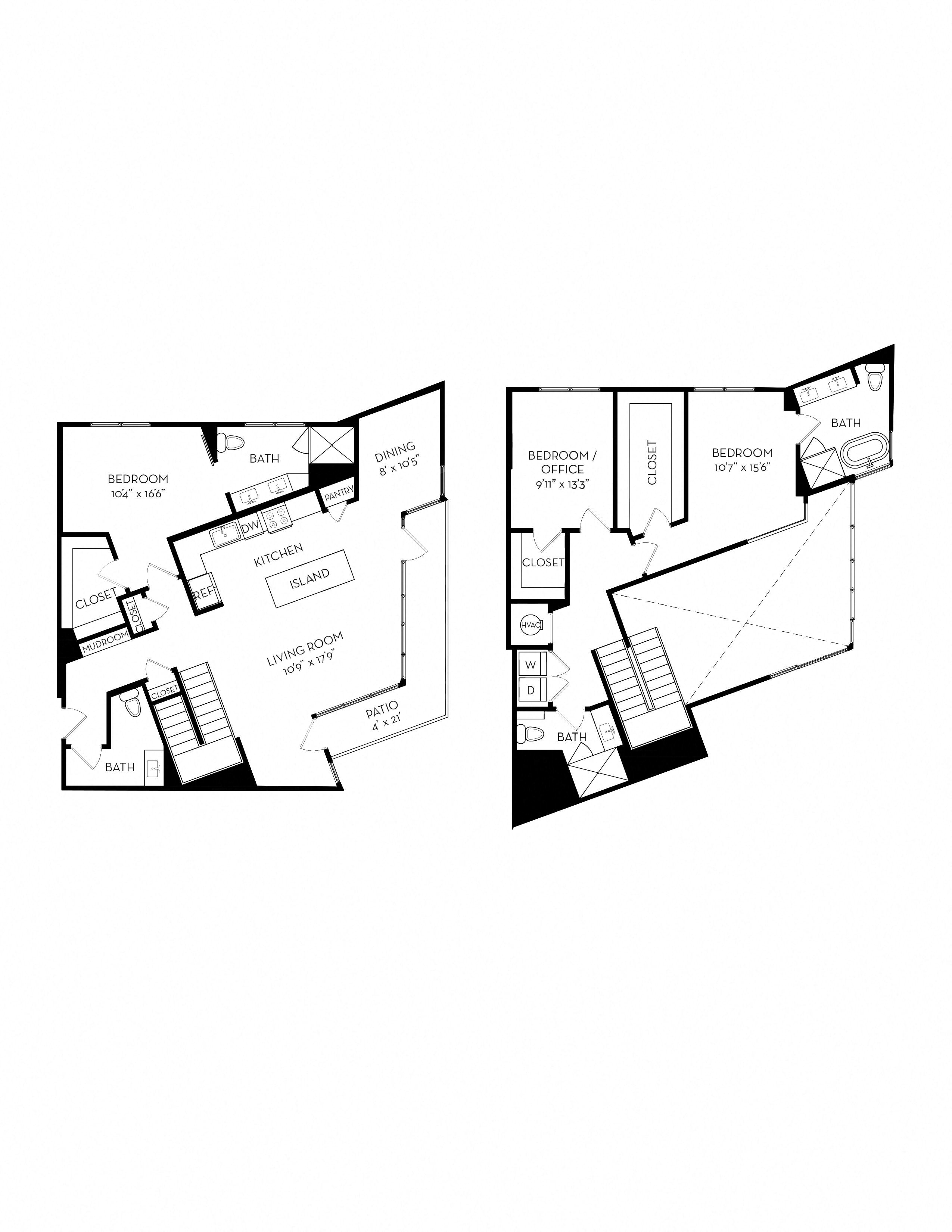 a floor plan of a home with two bedrooms and a living room