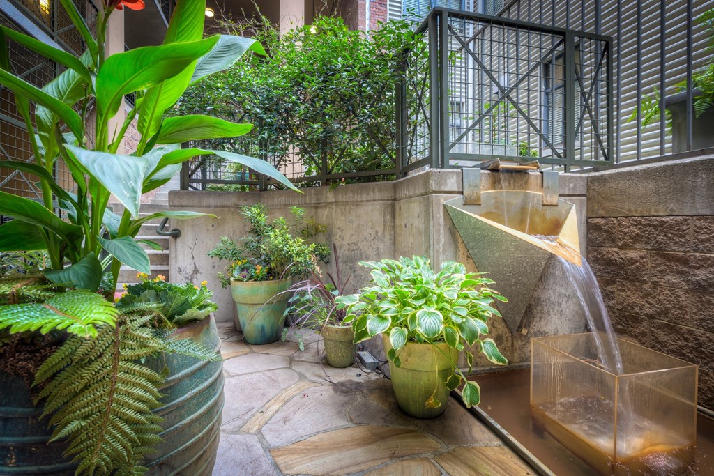 a water feature with a waterfall and a variety of plants on a patio