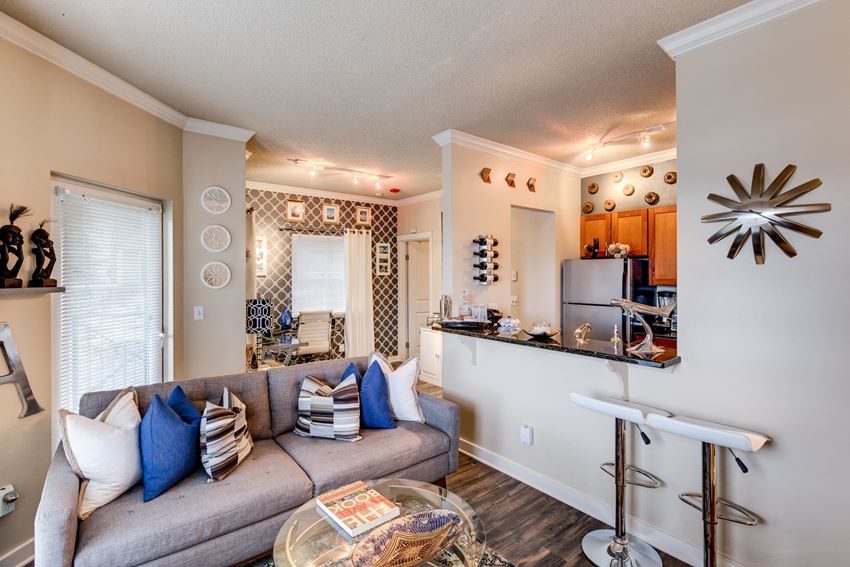 a living room with a couch and a bar - Photo Gallery 1