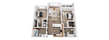 A top-down view of a small apartment with a kitchen, living room, and bedroom.