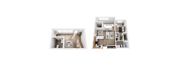 A top-down view of a small apartment with a kitchen, living room, and bathroom.
