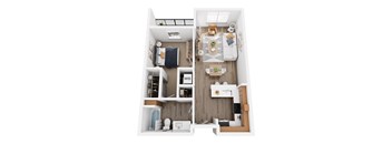 A top down view of a small apartment with a kitchen, living room, and bedroom.