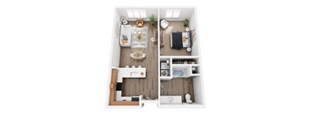 A top down view of a small apartment with a living room, kitchen, and bedroom.