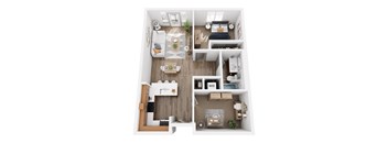 A top-down view of a small apartment with a kitchen, living room, and bedroom.