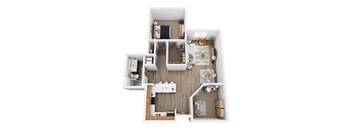 A top-down view of a small apartment with a kitchen, living room, and bedroom.