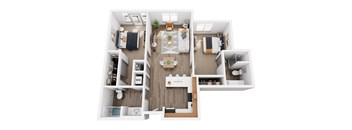 A top-down view of a modern apartment layout.