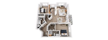 A top-down view of a small apartment layout with a kitchen, living room, and bathroom.