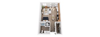 A top down view of a small apartment with a kitchen, living room, and bathroom.
