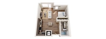 A top-down view of a small apartment with a kitchen, living room, and bedroom.