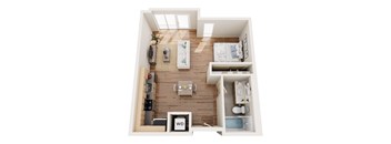 A top-down view of a small apartment with a living room, kitchen, and bedroom.