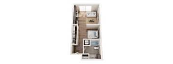 A top down view of a small apartment with a bedroom, living room, and kitchen.