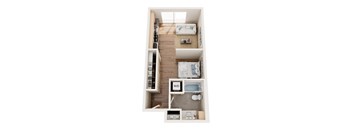 A top down view of a small apartment with a bedroom, living room, and kitchen.