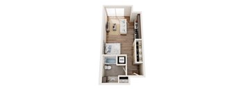 A top down view of a small apartment with a bedroom, living room, and kitchen.