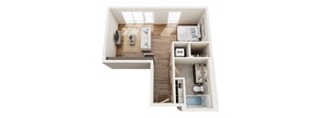 A top down view of a small apartment with a bedroom, living room, and bathroom.