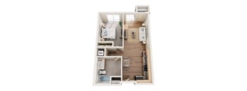 A top-down view of a small apartment layout with a bedroom, living room, and kitchen.