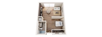 A top down view of a small apartment with a bedroom, living room, and kitchen.