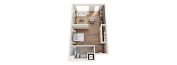 A top down view of a living room, kitchen and dining area.