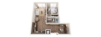 A top down view of a small apartment with a bedroom, living room, and kitchen.
